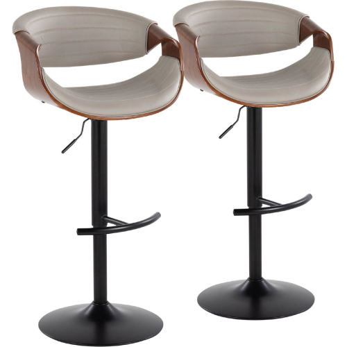 Symphony Adjustable Swivel Bar Stool in Black Metal, Walnut Wood & Grey Leatherette (Set of 2)